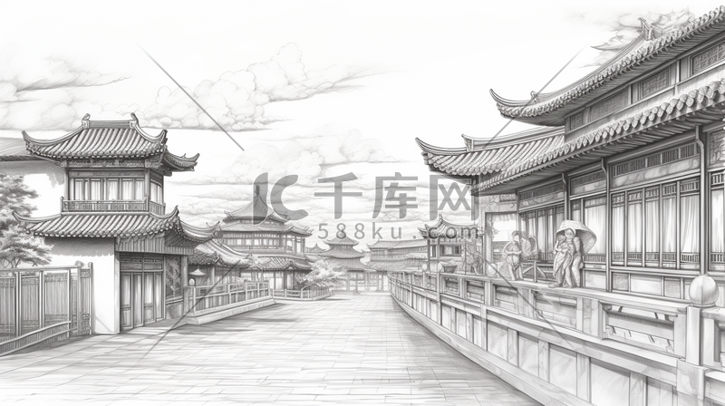 中国风手绘建筑线稿插画24图片