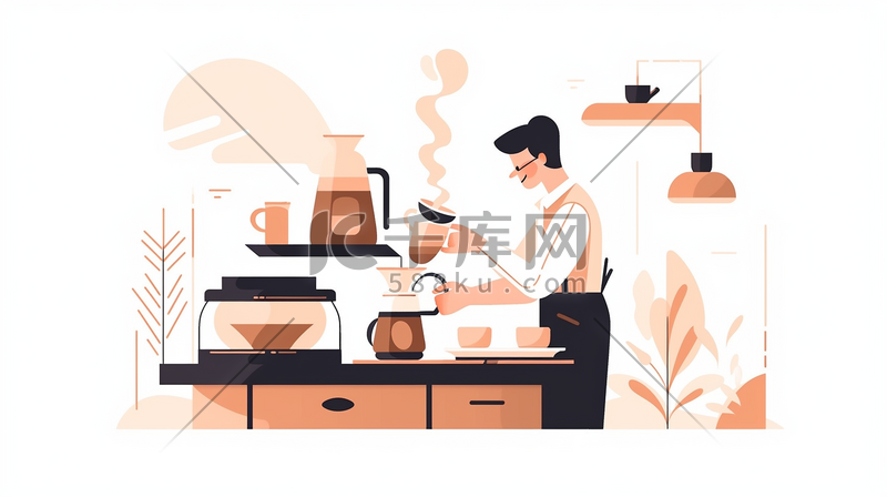 扁平化咖啡师在厨房冲调咖啡插画12图片