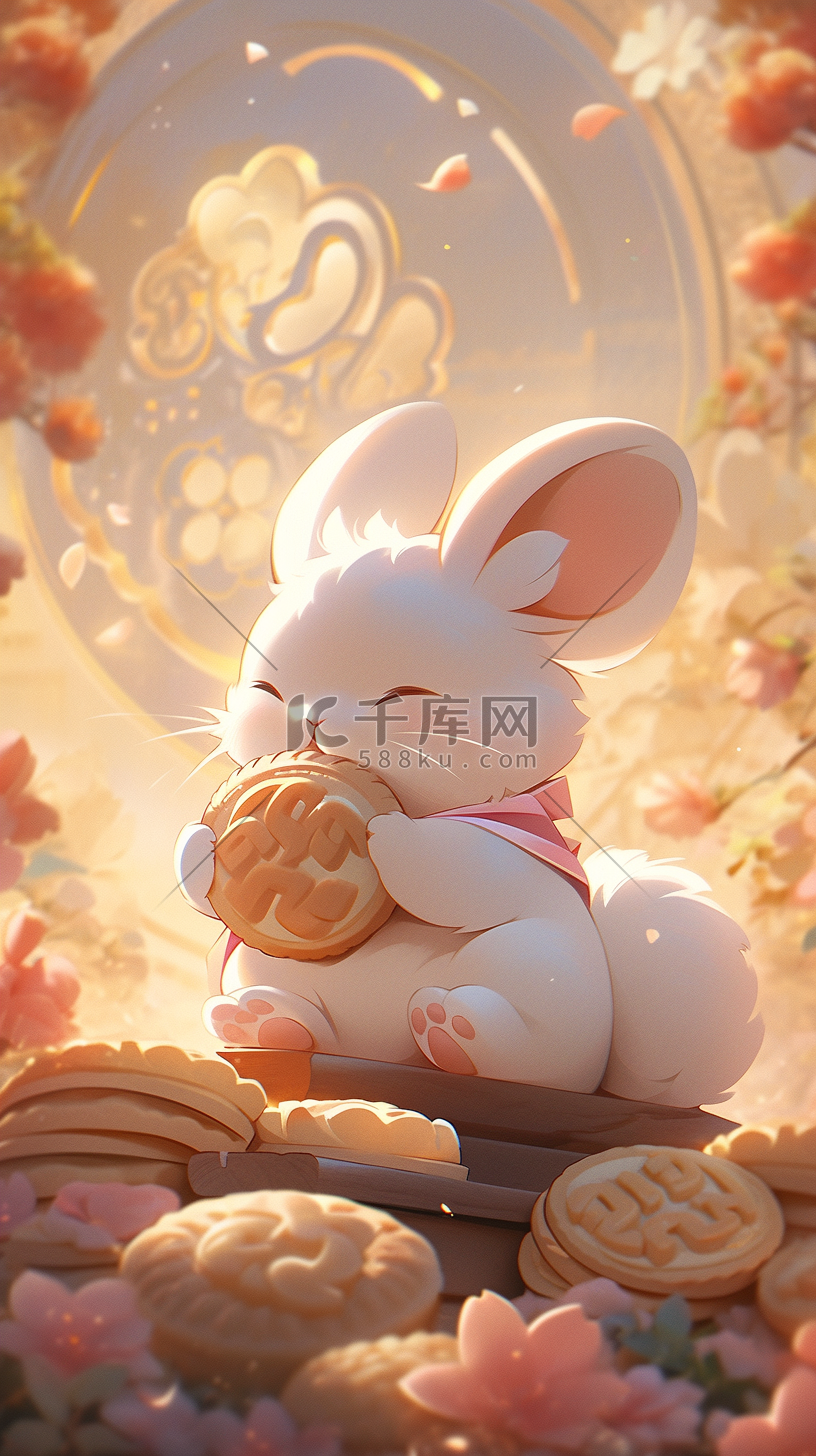 中秋节3D卡通可爱的兔子场景插画图片