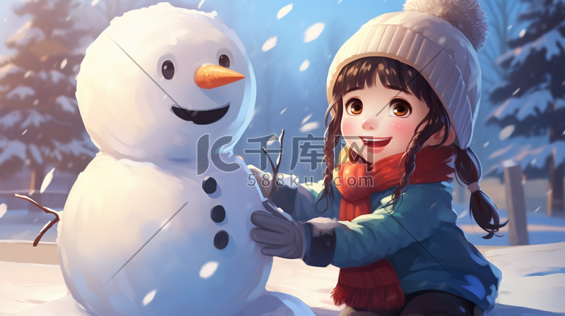 雪地里堆雪人的小朋友冬季雪景插画1图片