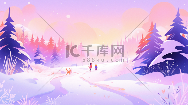 渐变色树林里的雪景唯美卡通插画33图片