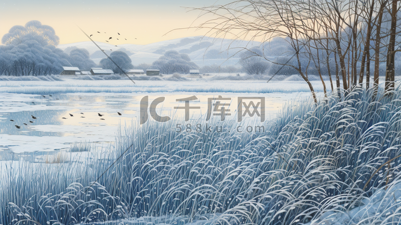 冬季芦苇湖边风景插画15图片