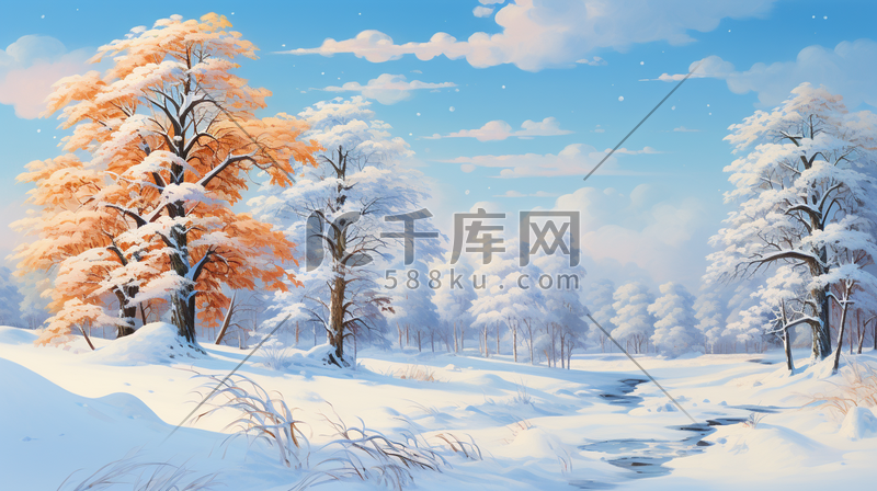 唯美冬天大雪大寒雪中森林树林风景场景插画图片