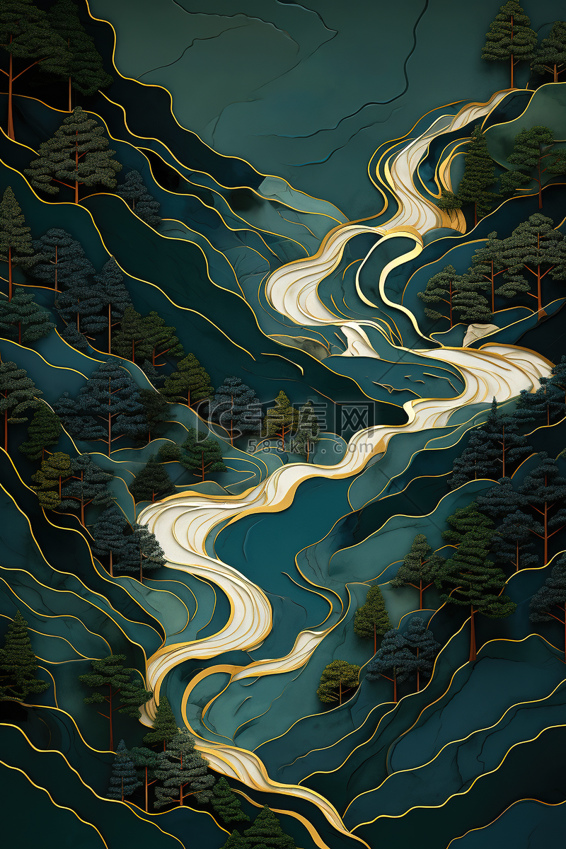 墨绿鎏金中国古风山水装饰画图片