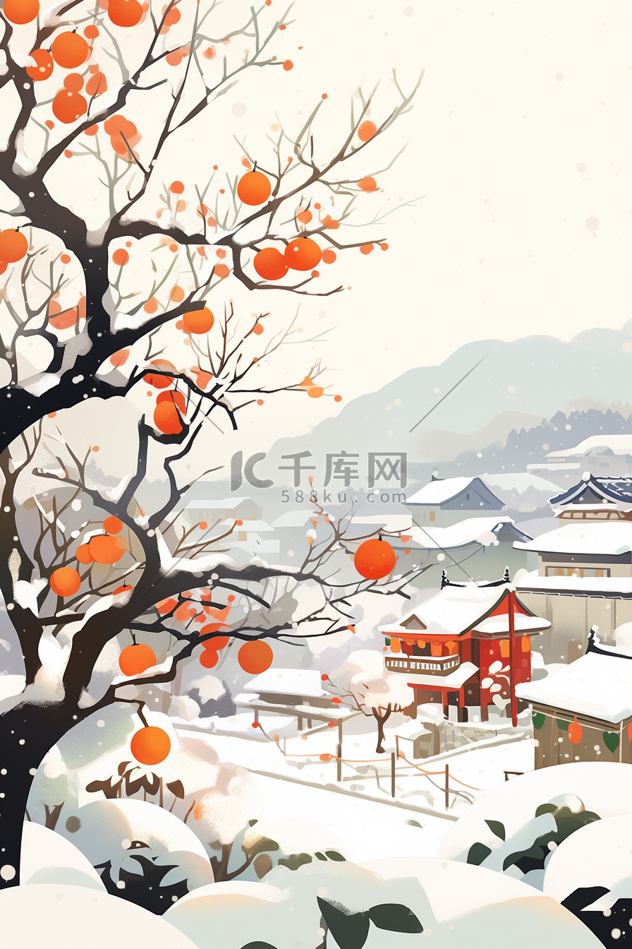 手绘插画冬天海报柿子树房子白雪皑皑图片