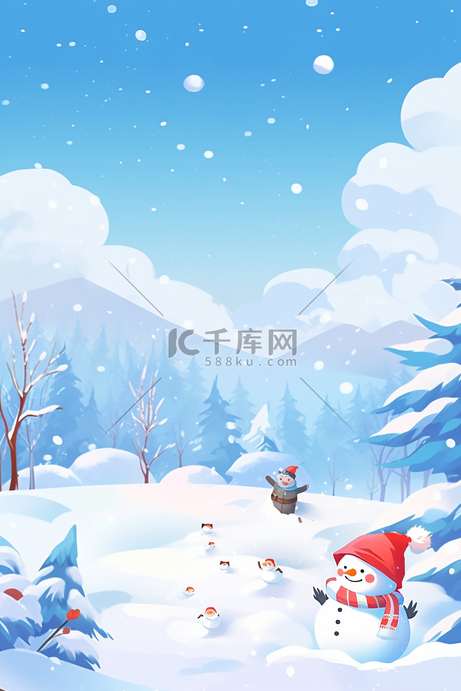 冬天海报手绘雪人松树插画图片