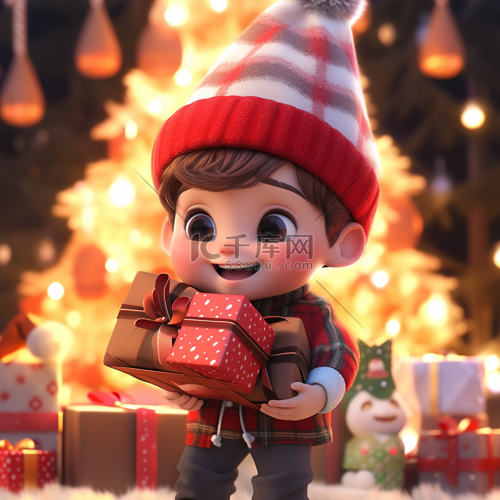 圣诞节立体插画可爱男孩礼盒3d图片