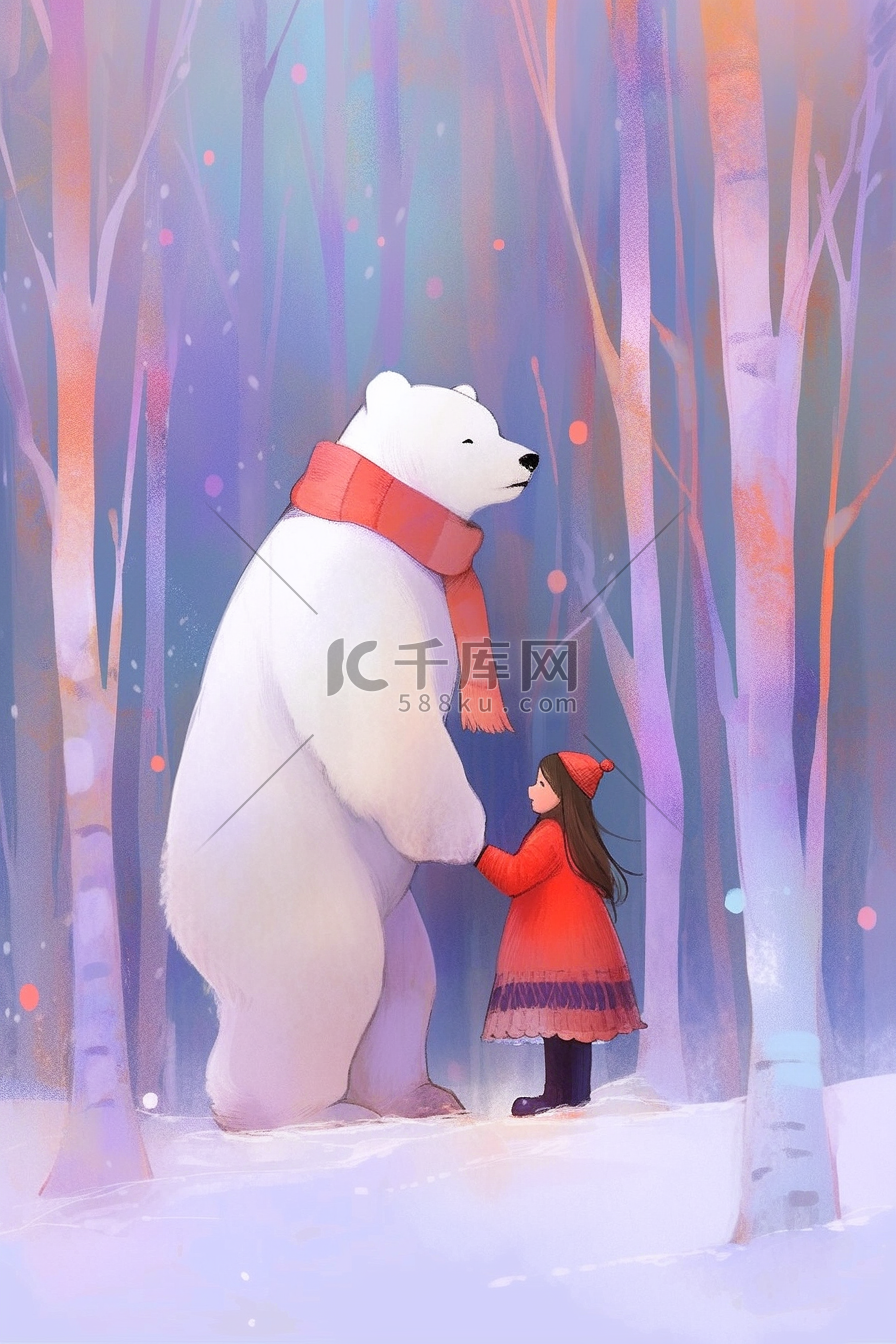 北极熊冬天唯美女孩插画海报图片