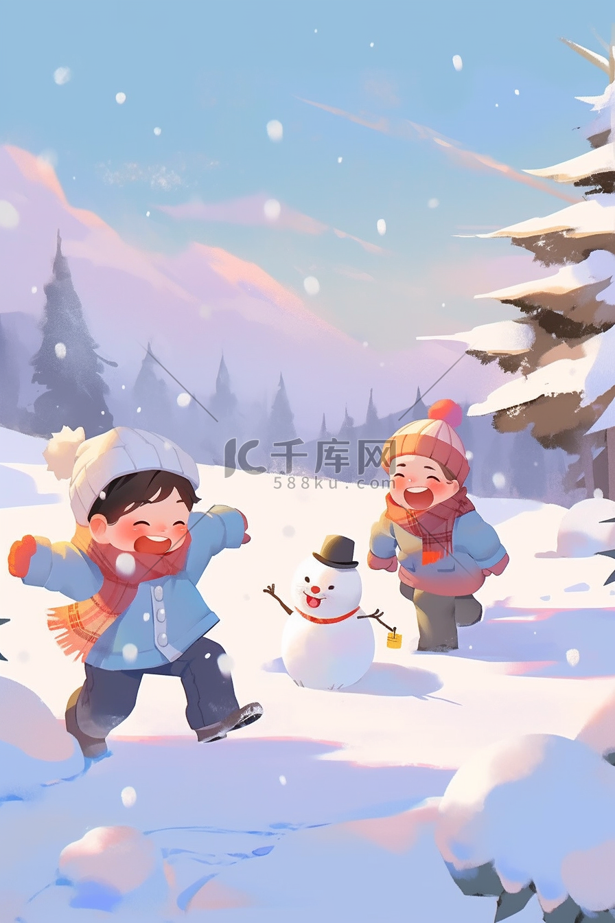 冬天可爱孩子手绘插画打雪仗图片
