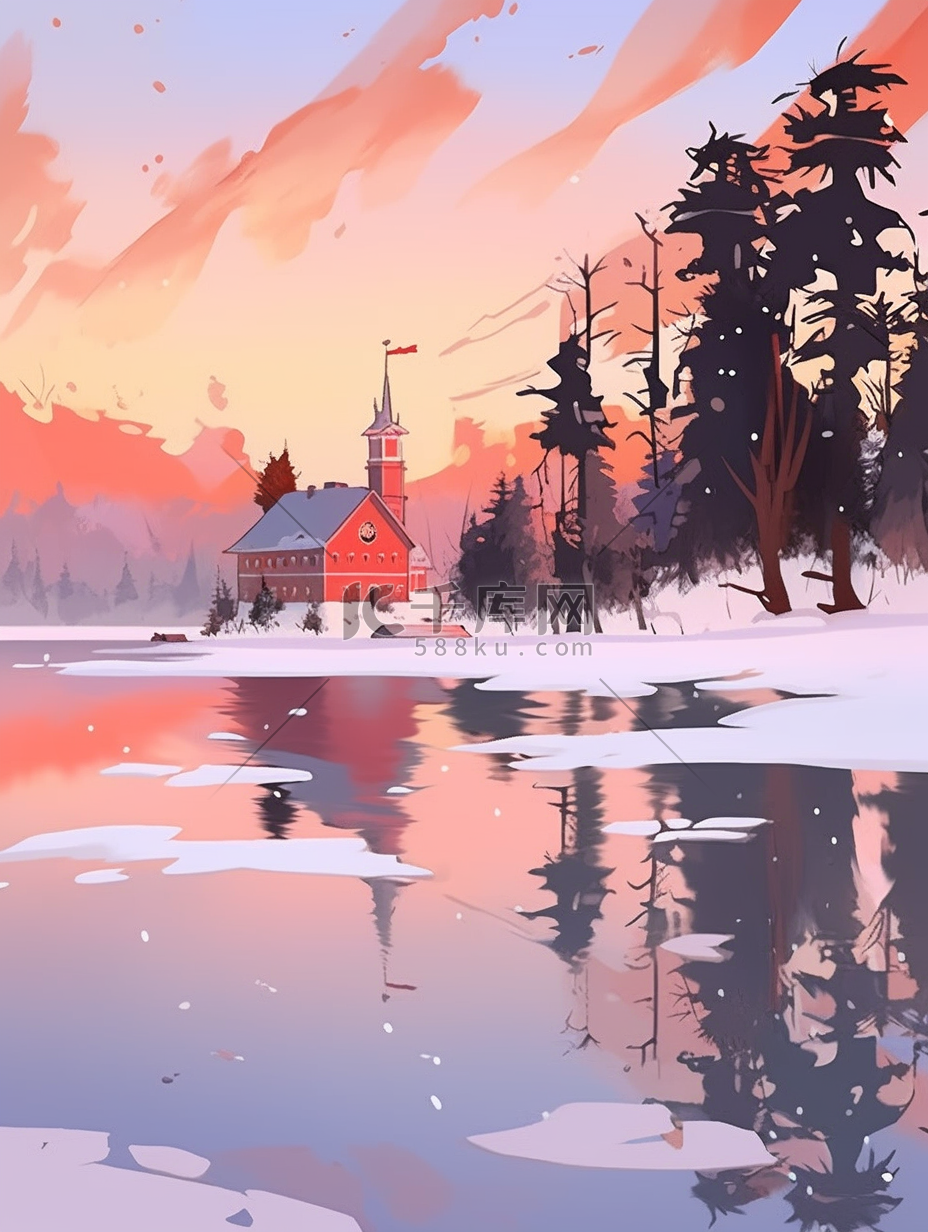 木屋雪景手绘插画冬天图片