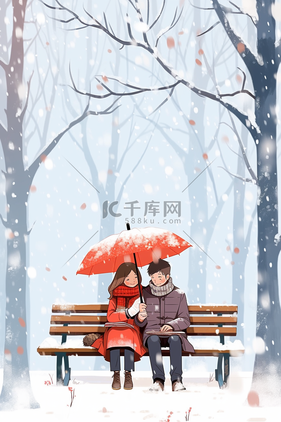 冬天插画下雪的天空情侣手绘图片