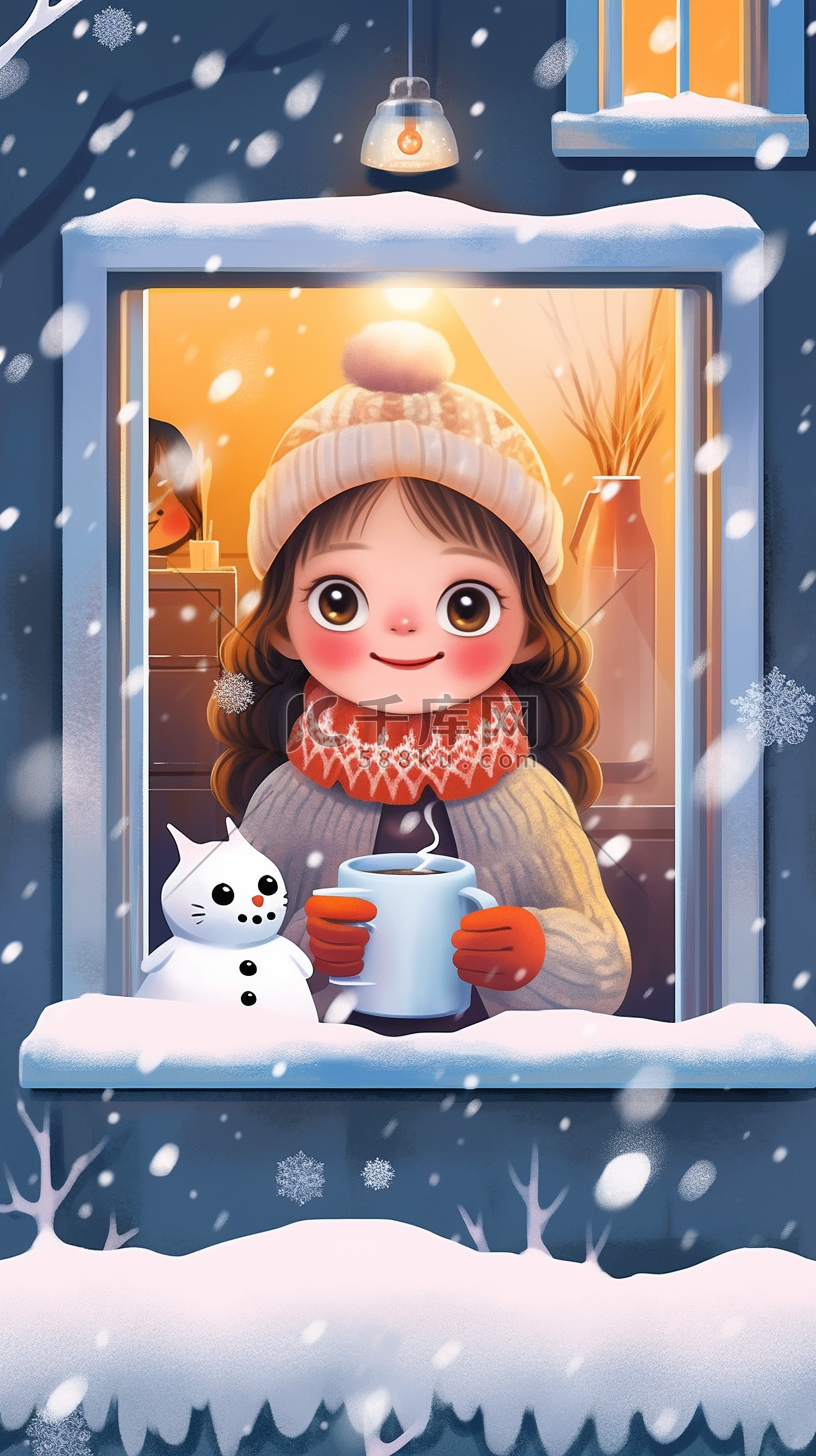 可爱女孩冬天咖啡雪人赏雪手绘插画图片