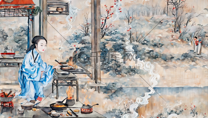 做饭的女人宋代绘画中国画国风复古图片
