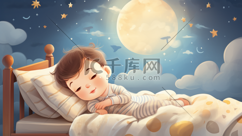 躺在床上思想的小朋友小男孩孩子被子睡觉插画图片