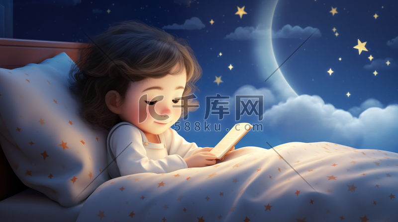 躺在床上看书的小朋友小男孩孩子被子睡觉星星白云月亮插画图片