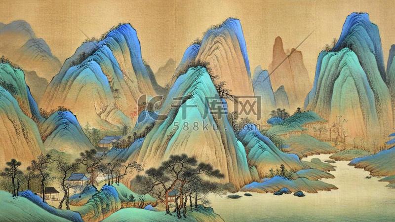 肌理磨砂质感山水国画千里江山图图片