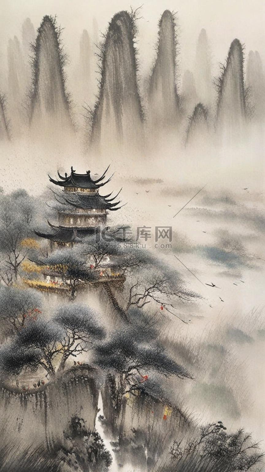 中国风刺绣肌理烟雨楼台插画图片