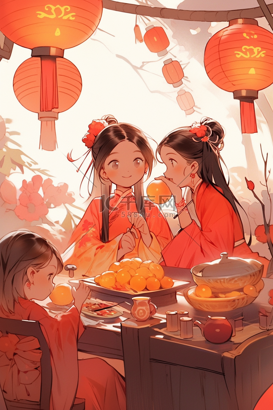 新年灯笼女孩团聚手绘插画图片