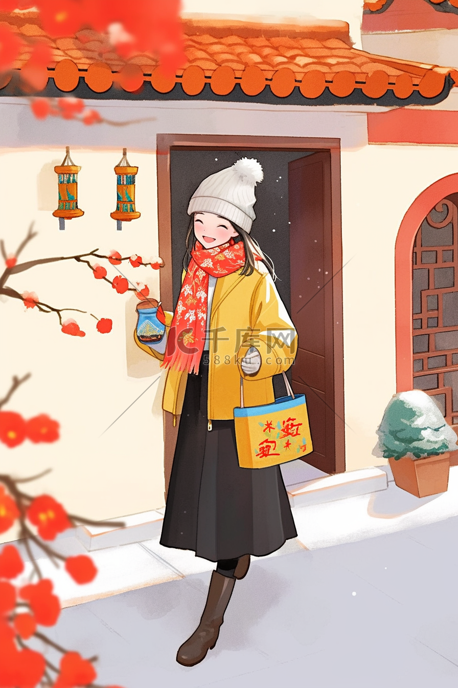 可爱女孩庭院梅花手绘新年插画图片