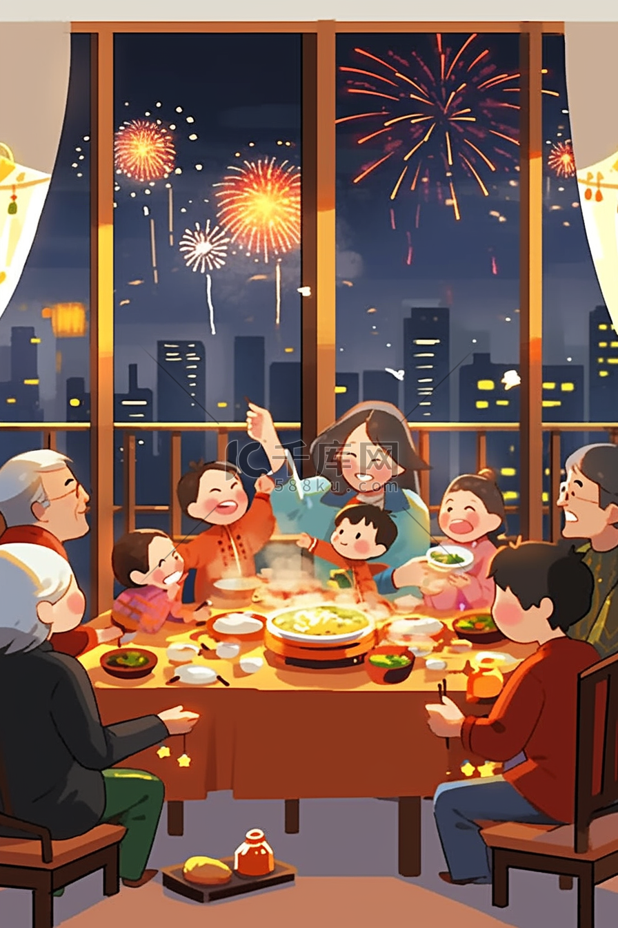 家人团聚烟花手绘插画海报新年图片