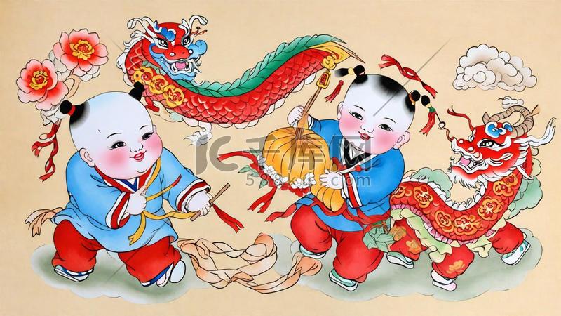 春节传统新年杨枊青民俗年画年画娃娃插画海报图片