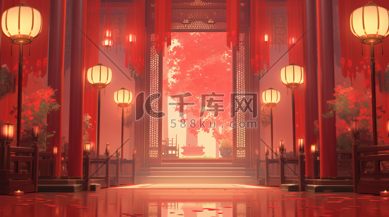 红色中国风门窗风景造型插画20图片