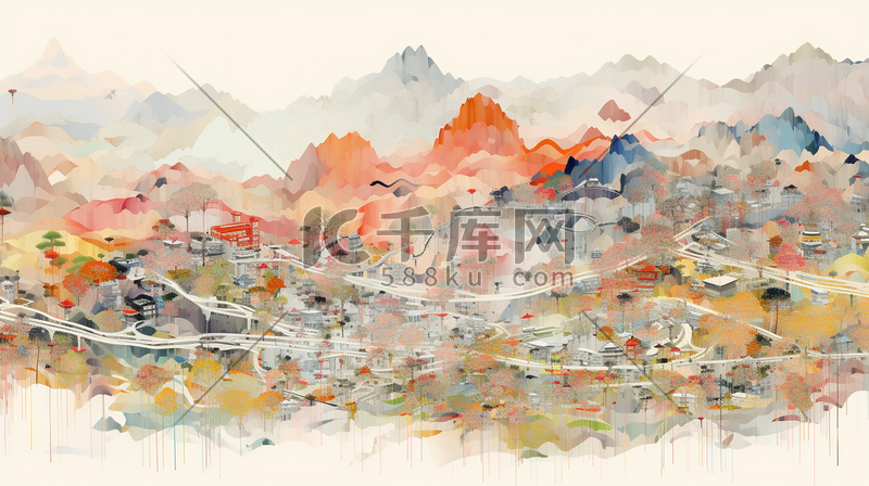 黑金中国风山水风景传统建筑插画5图片