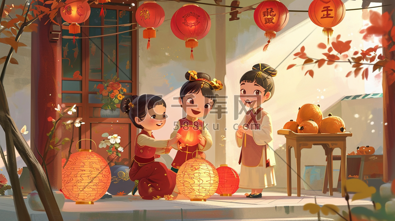 中国红色卡通中式国风元宵节花灯插画1图片