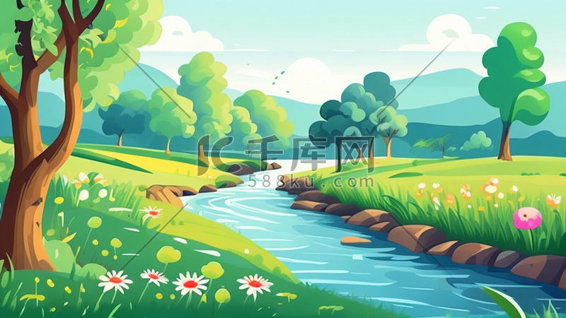 春季卡通小河流水插画图片