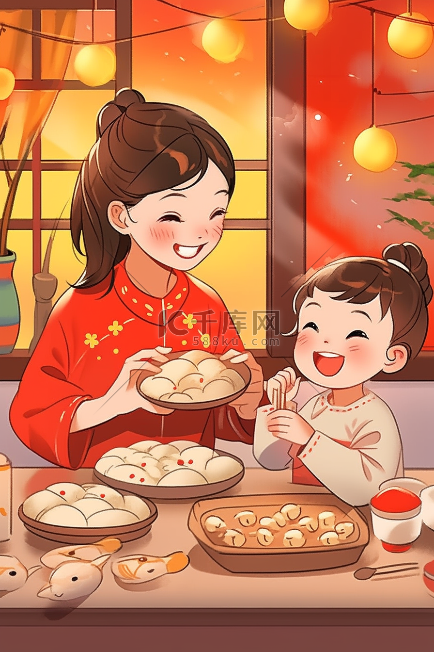 母子俩包饺子手绘新年插画海报图片