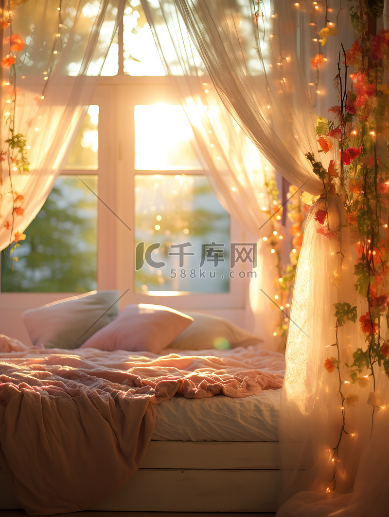 浪漫的卧室白色窗帘插画图片