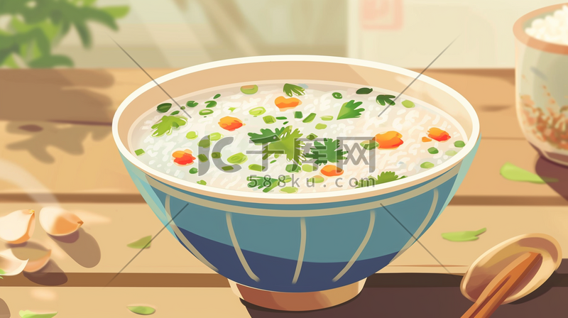 手绘餐桌上热气腾腾白米粥的插画8图片
