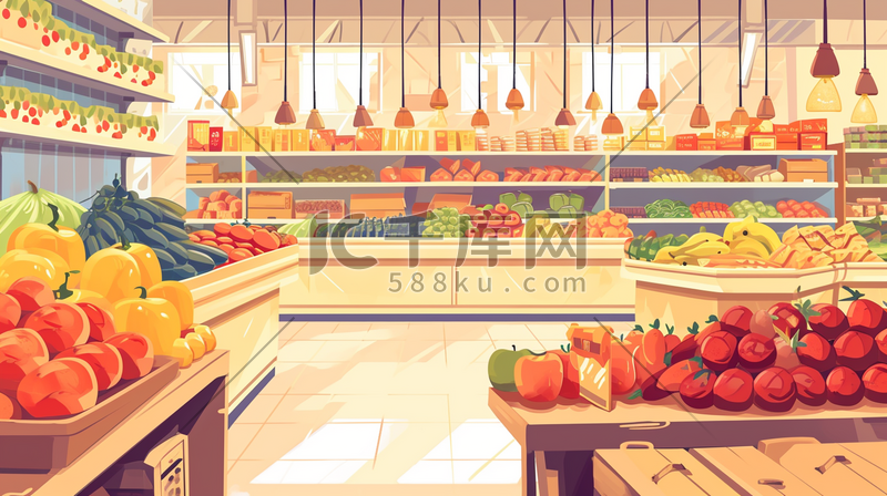 手绘超市里水果蔬菜酒水食物的插画1图片