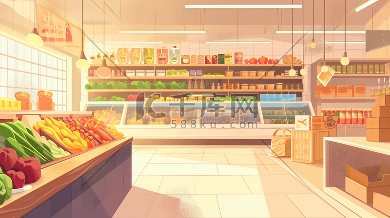 手绘超市里水果蔬菜酒水食物的插画15图片