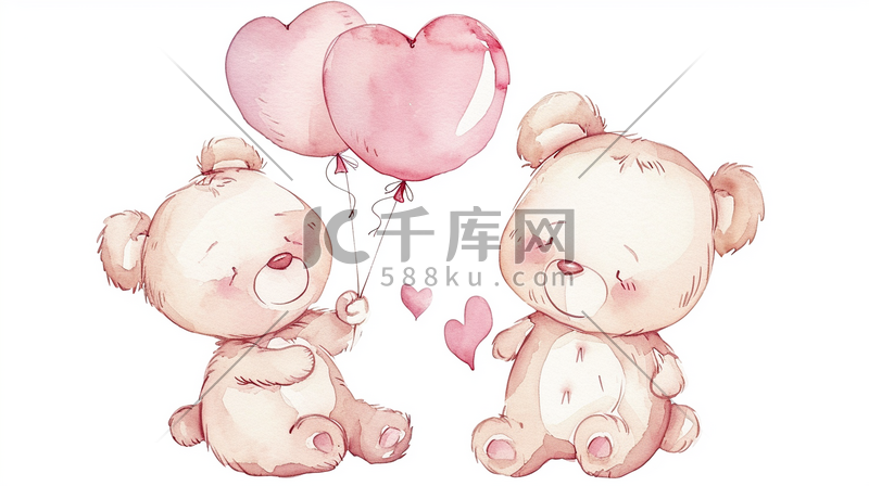 简约唯美手绘两只可爱小熊牵手气球插画18图片
