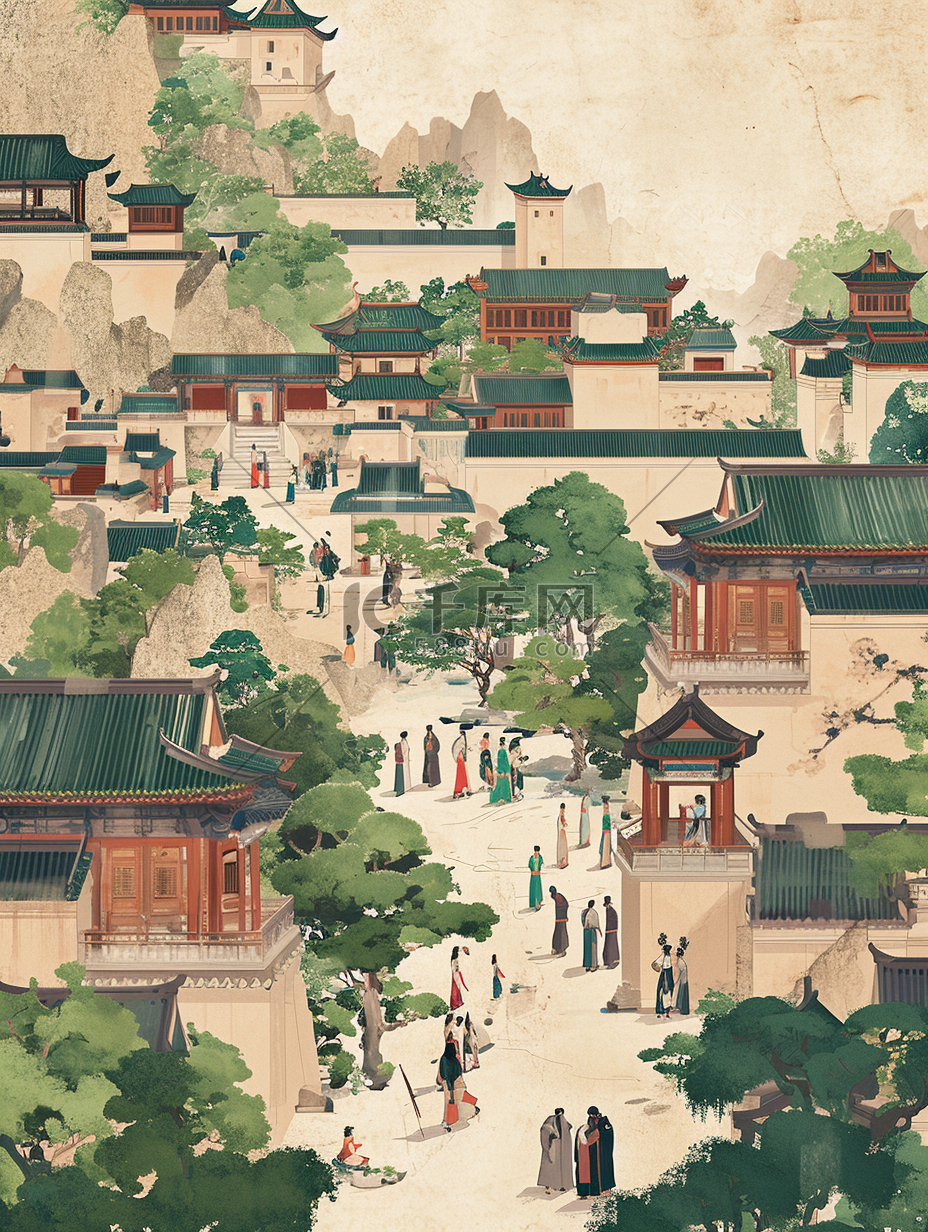 中式古代街道繁华平铺壁画的插画3图片