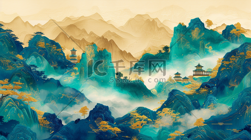 中式国风壁画山水风景的背景11插画图片图片