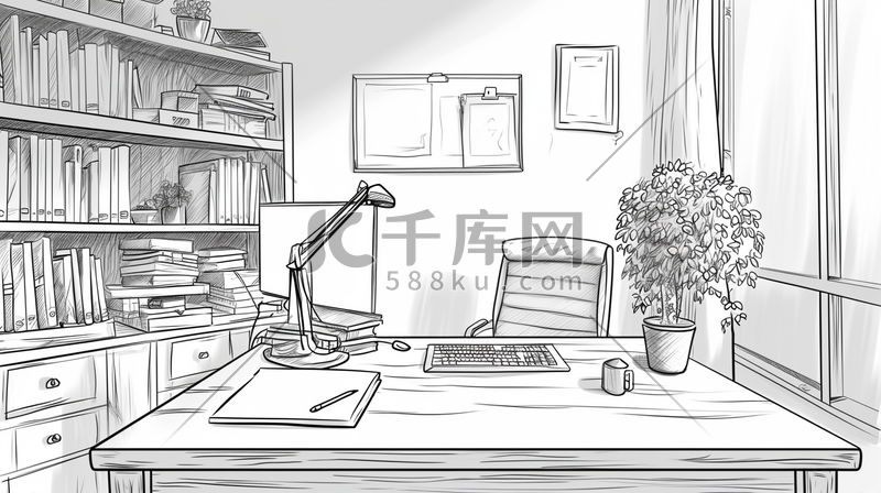 黑白色素描简约书房书桌电脑用品插画9图片