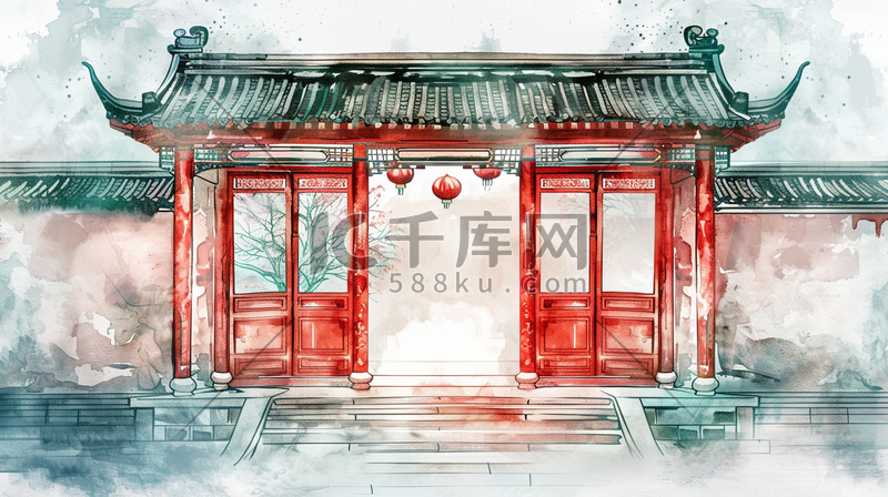 中式手绘国风庭院建筑灯笼的插画10图片