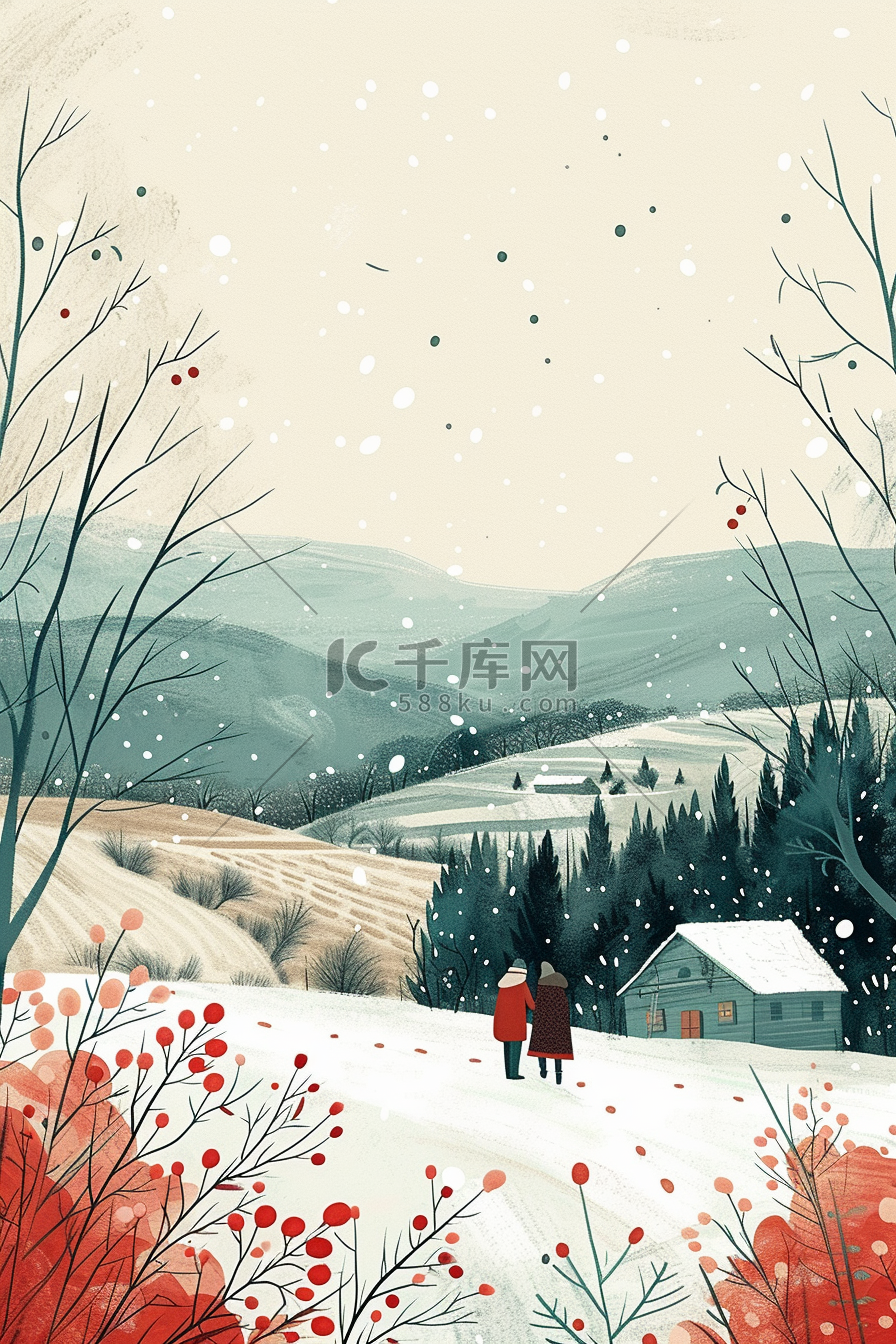 冬天风景唯美手绘海报插画图片