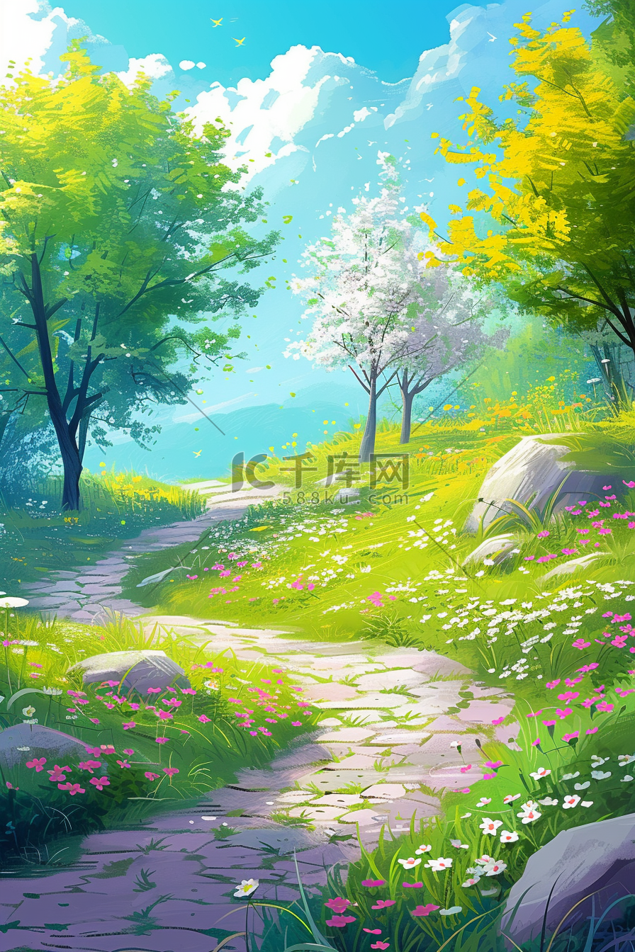 风景唯美春天手绘油画插画树林小路图片
