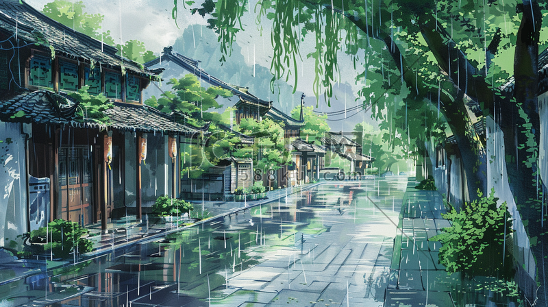 江南烟雨小镇风景插画=图片