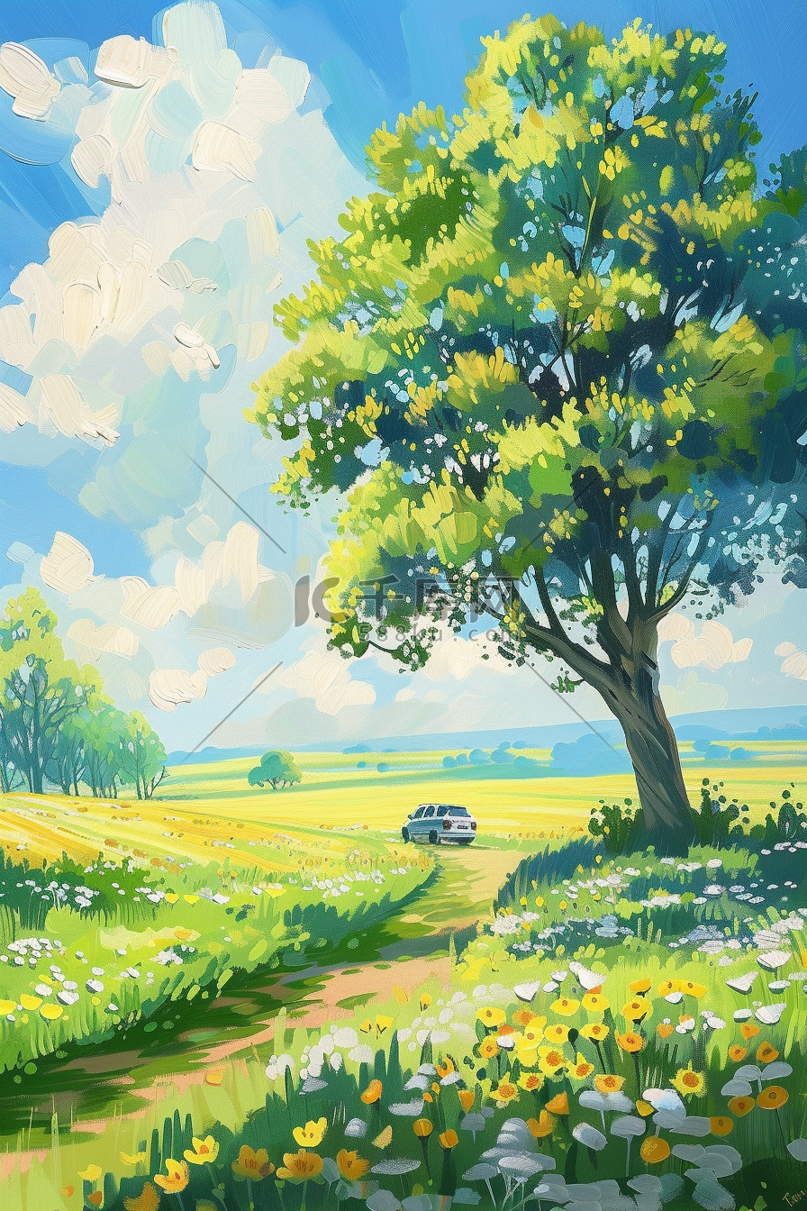 春天风景花朵绿草手绘插画图片