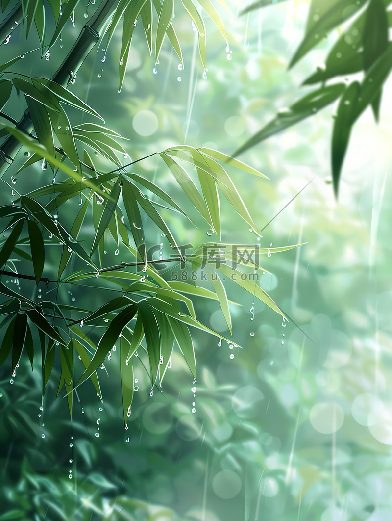 雨滴落在竹叶上春天雨水插画图片