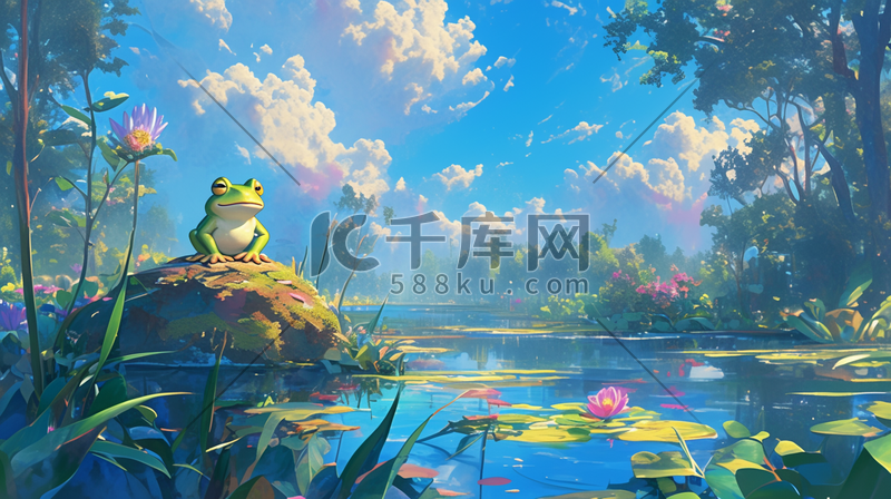池塘石头上站着的青蛙插画3图片