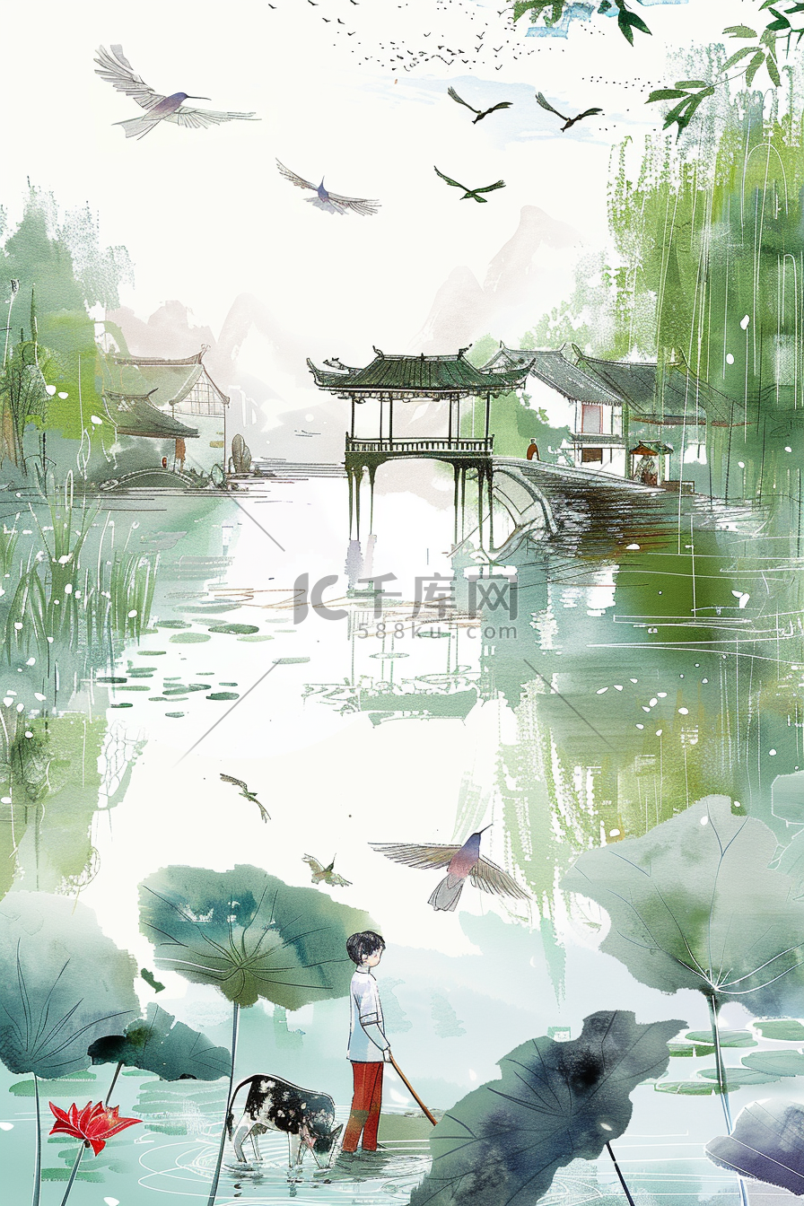 湖水风景手绘插画清明节海报图片