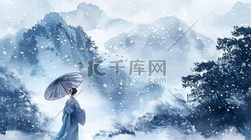 冬天冬季雪山雪景山水古风中国风插画图片