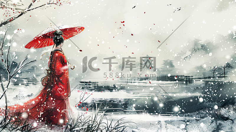 冬季冬天古风中国风汉服女性雪景插画图片