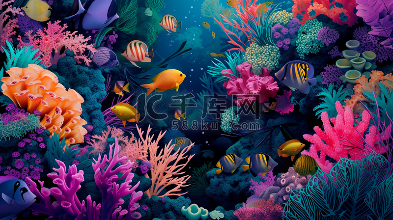彩色水草观赏鱼鱼缸里游动的插画5图片