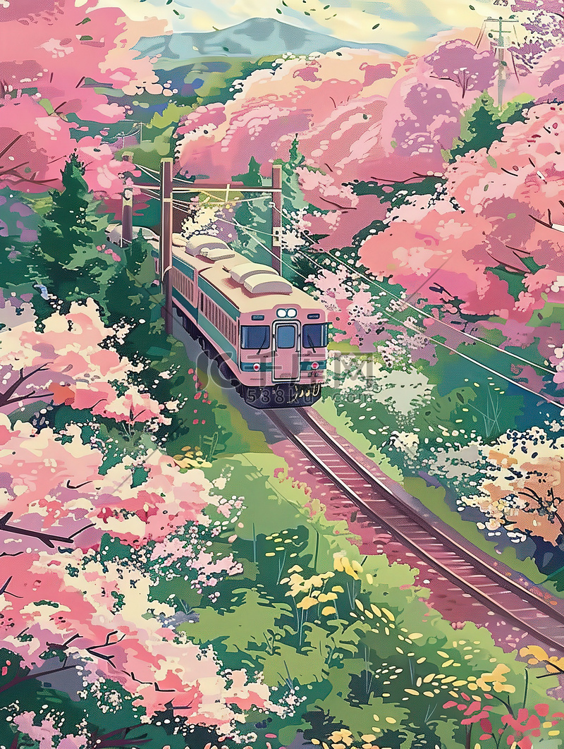 开往春天的列车樱花矢量插画图片
